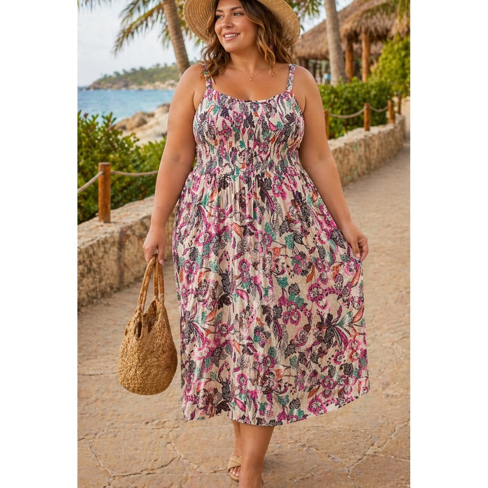 Old Navy Women Smocked Fit & Flare Cami Dress 2XL Floral Boho Summer Vacation - Picture 1 of 13